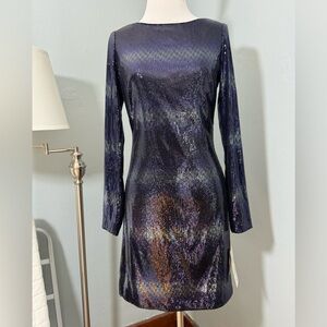 New Adrianna Papell Sequin Long Sleeve Deep V Back Short Dress